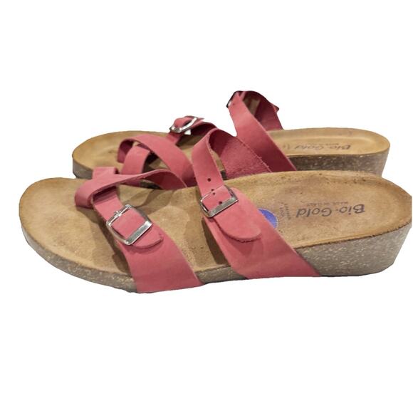 Bio Gold Italy Pink Leather Cross Strap Cork Sandals Women 8.5 - Picture 4 of 6